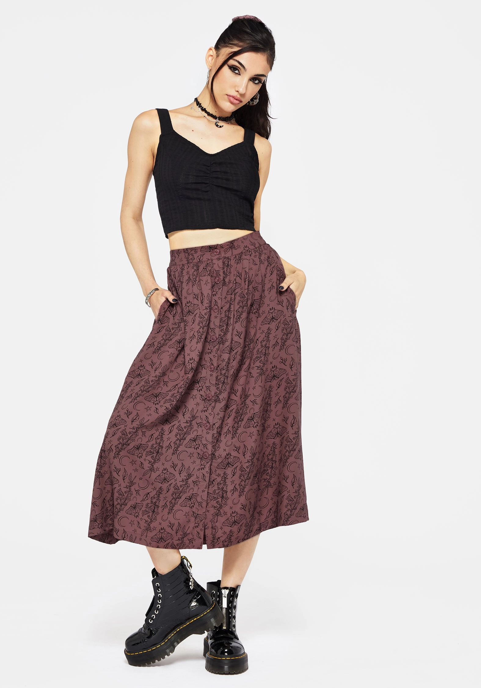 Non Slip Waist Roxana Moth Foxglove Button Down Midi Skirt