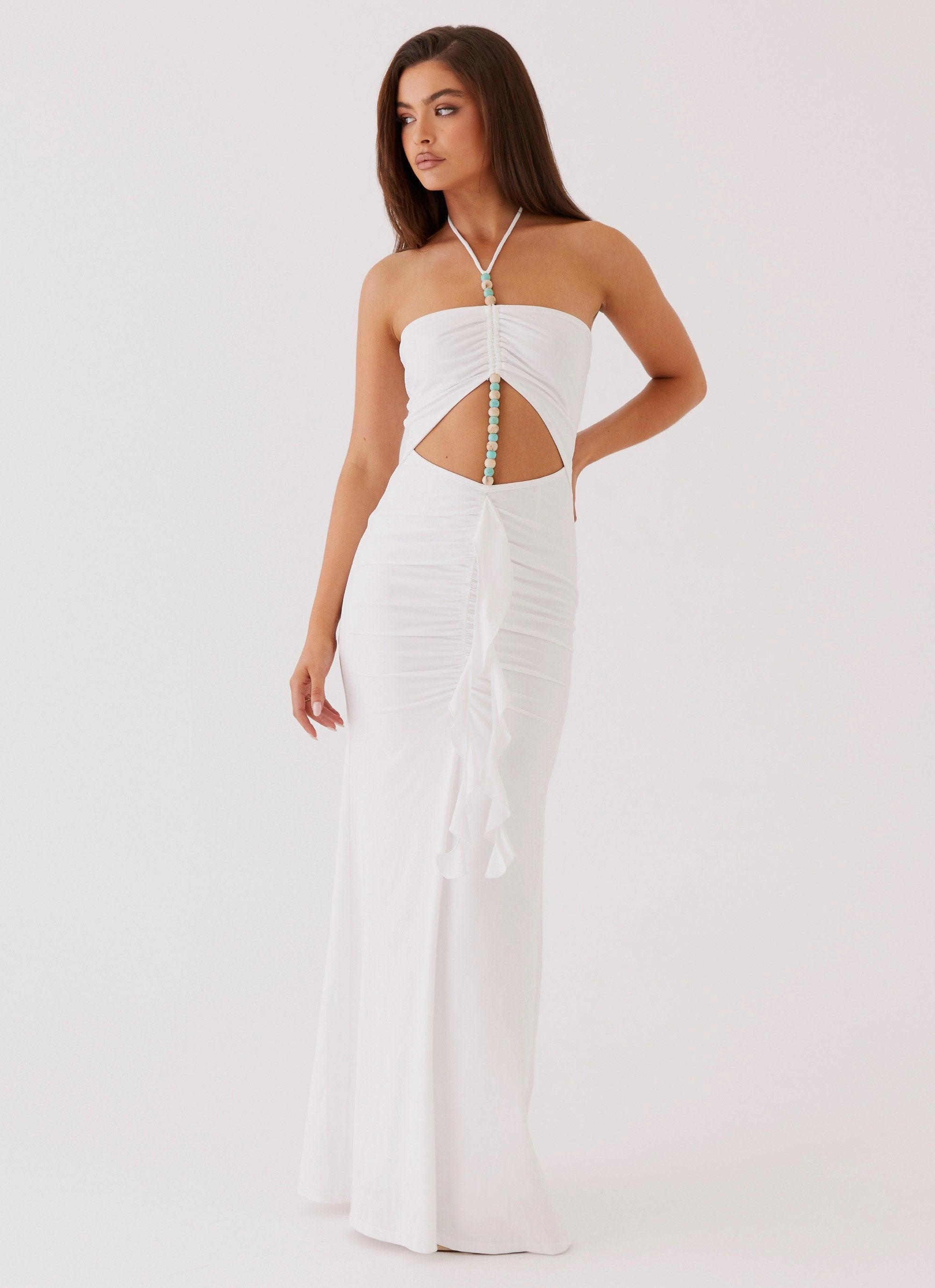 Modern Waist Design Evening Event Serina Ruffle Maxi Dress - White