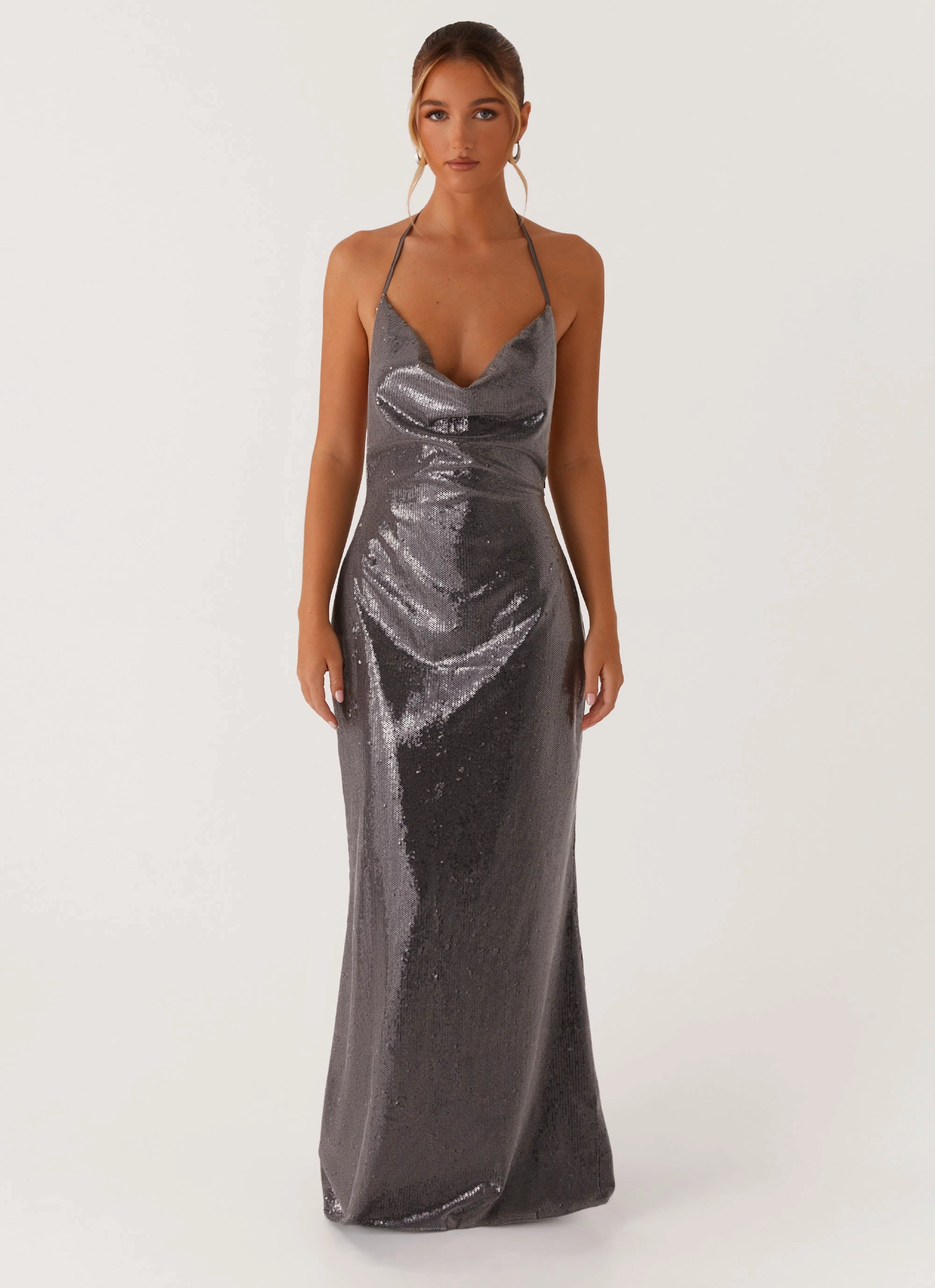 Poised Vibe Sleek Love Sequin Maxi Dress - Silver Sequin