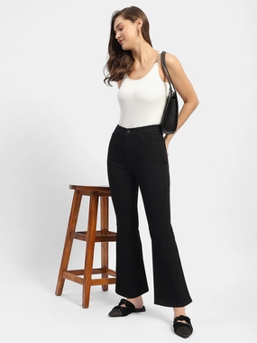 Madame Solid Black Flared Denim Jeans Easy Fashion Chic Silhouette
