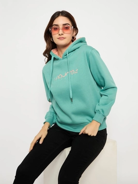 Front Pocket Comfy Layers Madame Branding Print And Handwork Seafoam Hooded Sweatshirt