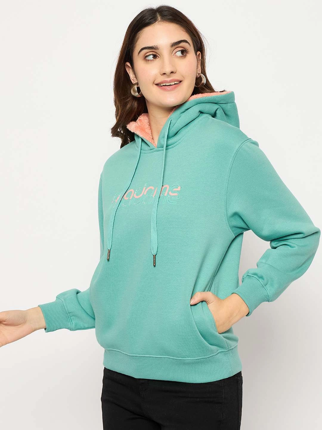 Madame Branding Print And Handwork Seafoam Hooded Sweatshirt Cozy Coverage goes with sandals