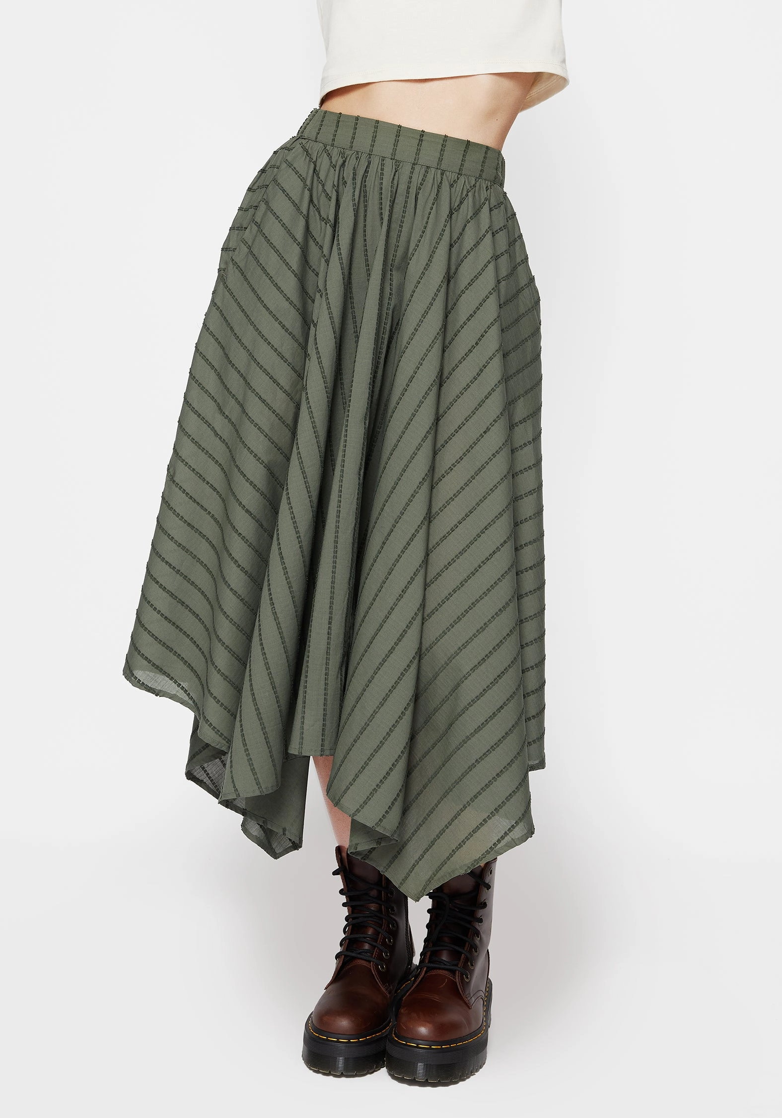 Blythe Cotton Handkerchief Hem Midaxi Skirt - Green Water Repellent Finish Fashion Details
