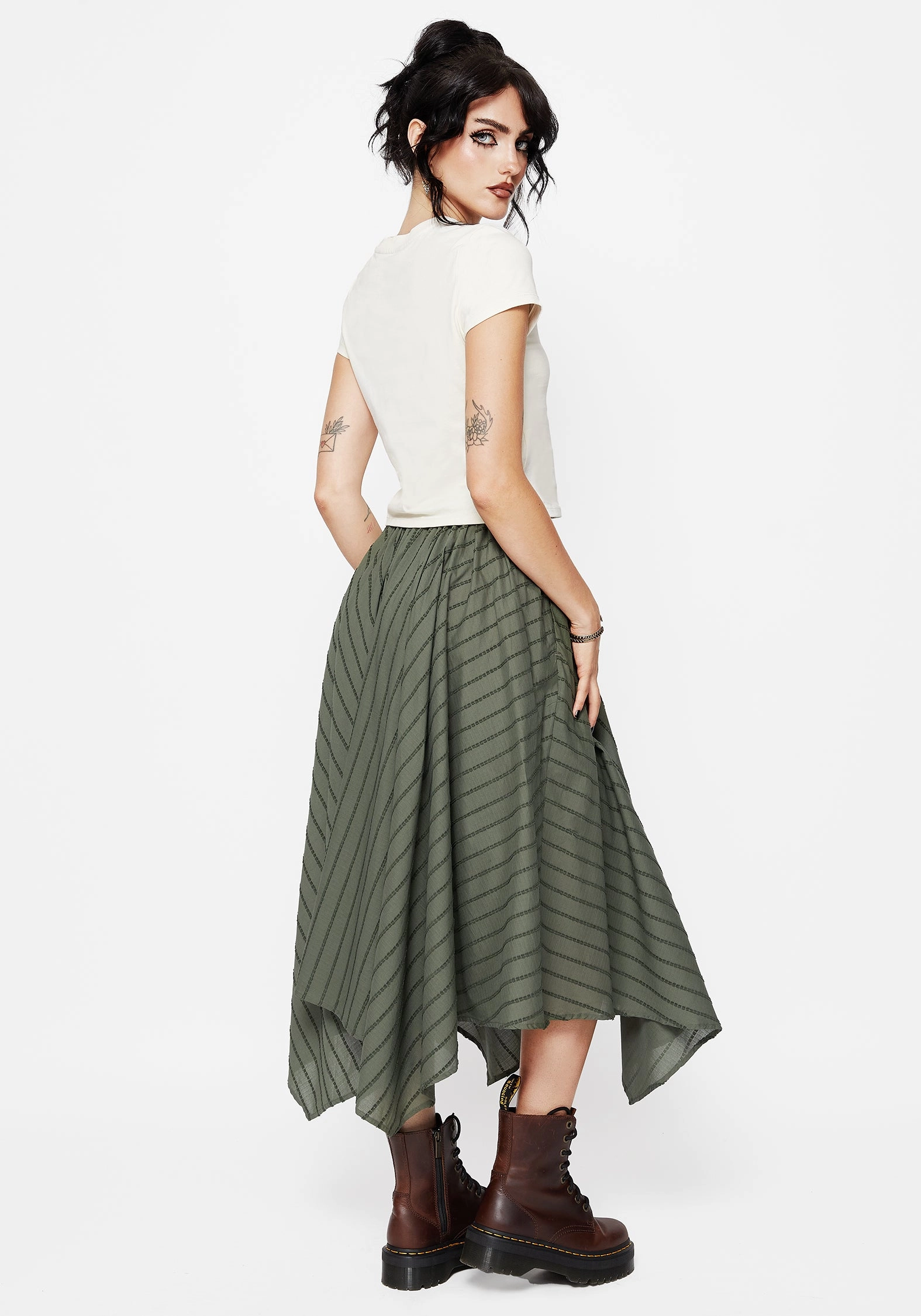 Blythe Cotton Handkerchief Hem Midaxi Skirt - Green ruffle trim