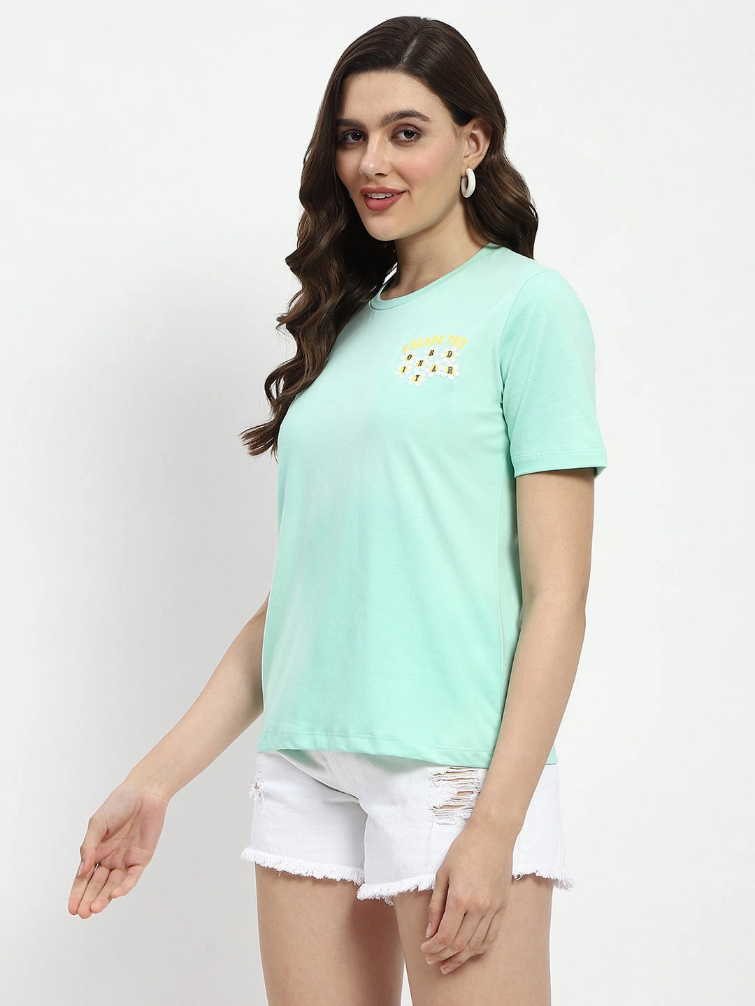 Madame 3D Print Monochromatic Cotton Mint T-Shirt Wide Neck Opening Practical Design
