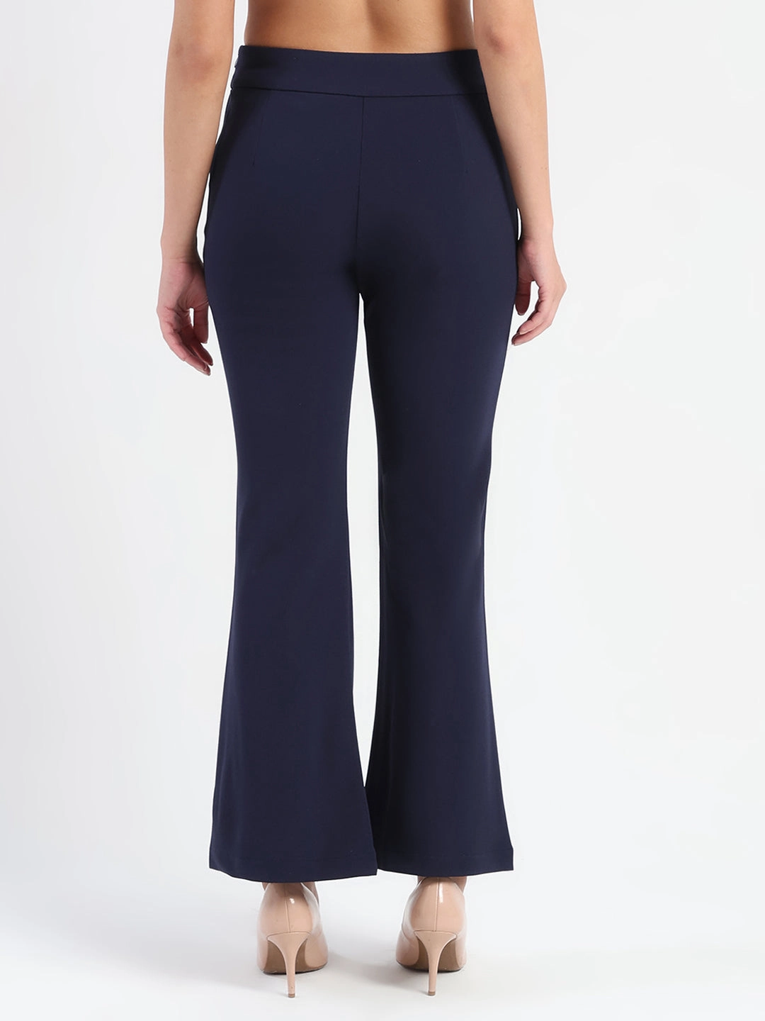 Madame Side Zipper Flared Navy Blue Knitted Moss Trousers Ripstop Fabric Technology Stretch Flex