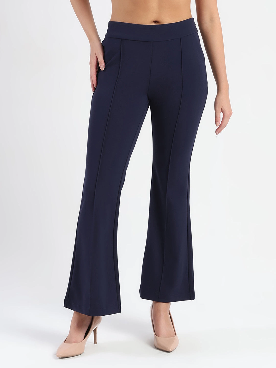 Madame Side Zipper Flared Navy Blue Knitted Moss Trousers HeatRegulating Freedom Move