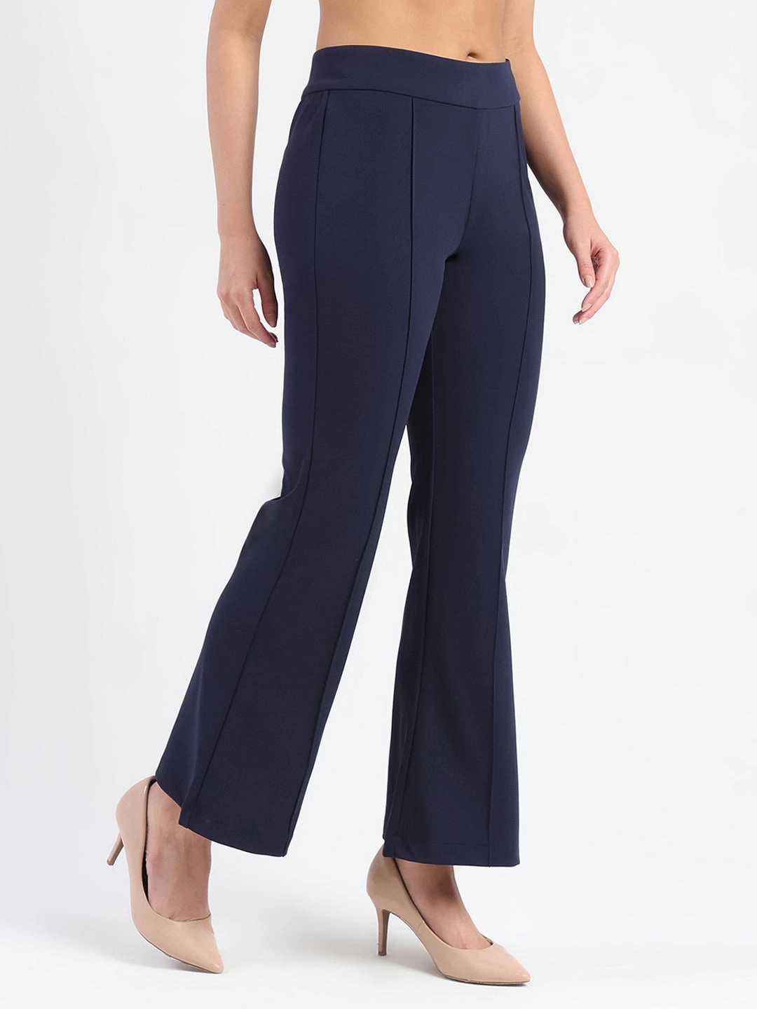 No Gap Waistband Comfortable Design Madame Side Zipper Flared Navy Blue Knitted Moss Trousers