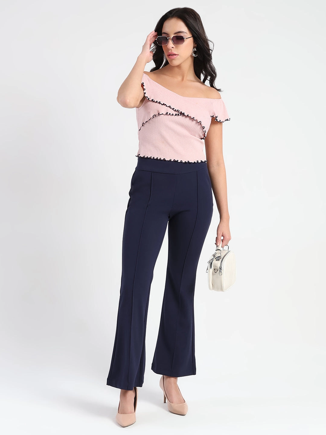 LightweightConstruction Madame Side Zipper Flared Navy Blue Knitted Moss Trousers