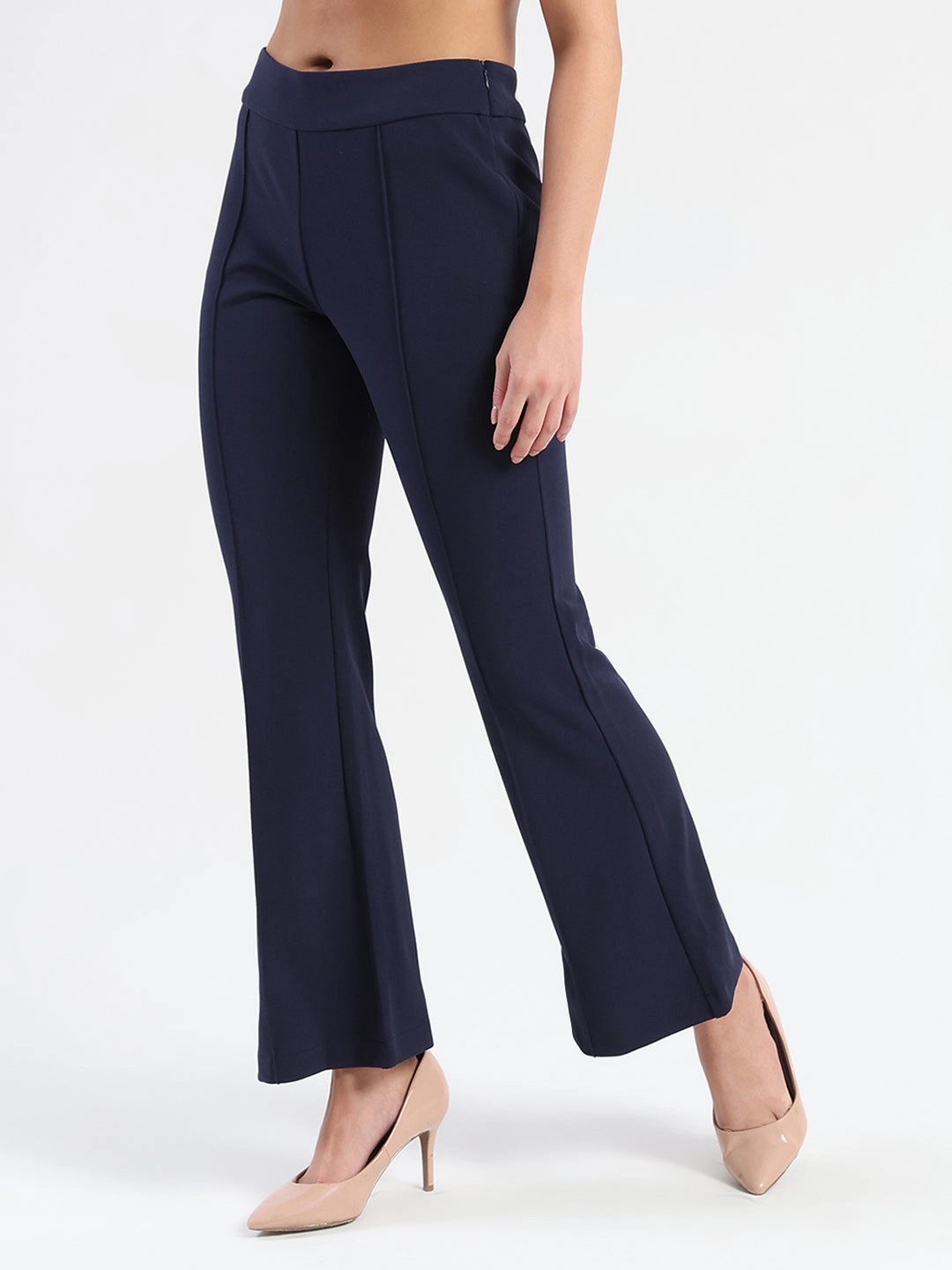 Madame Side Zipper Flared Navy Blue Knitted Moss Trousers Comfortable fit Lightweight Fit
