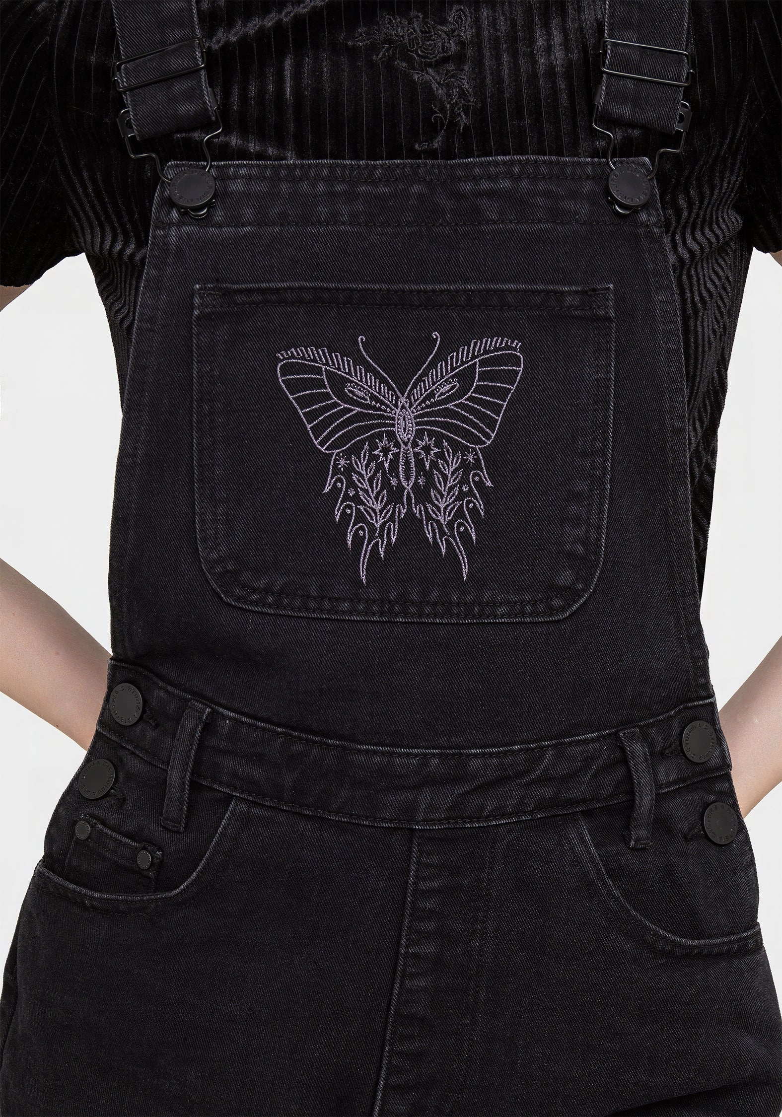 Papillion Embroidered Denim Dungaree Shorts NoChafeFinish Quick Evaporation Fabric