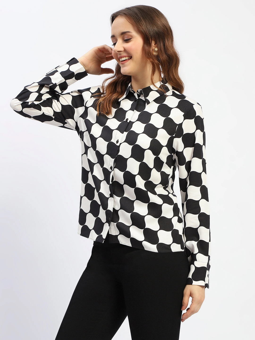 Madame Chessboard Print Black Viscose Shirt Vibrant Colors Multi Functional Pockets