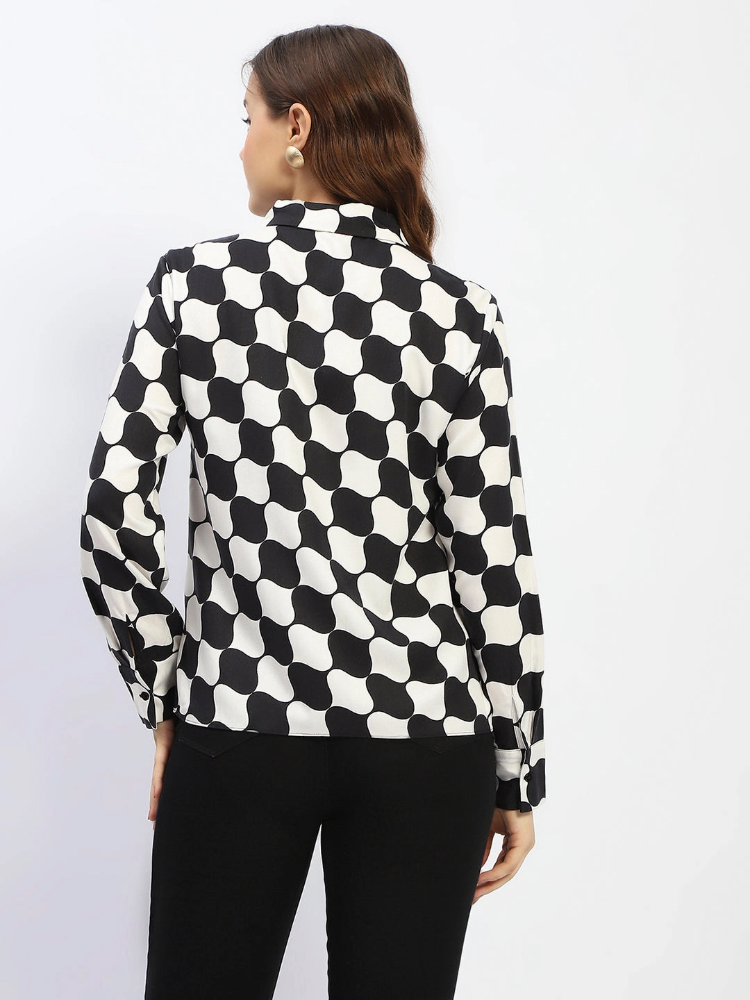 Tailored Fit Nautical Look Madame Chessboard Print Black Viscose Shirt