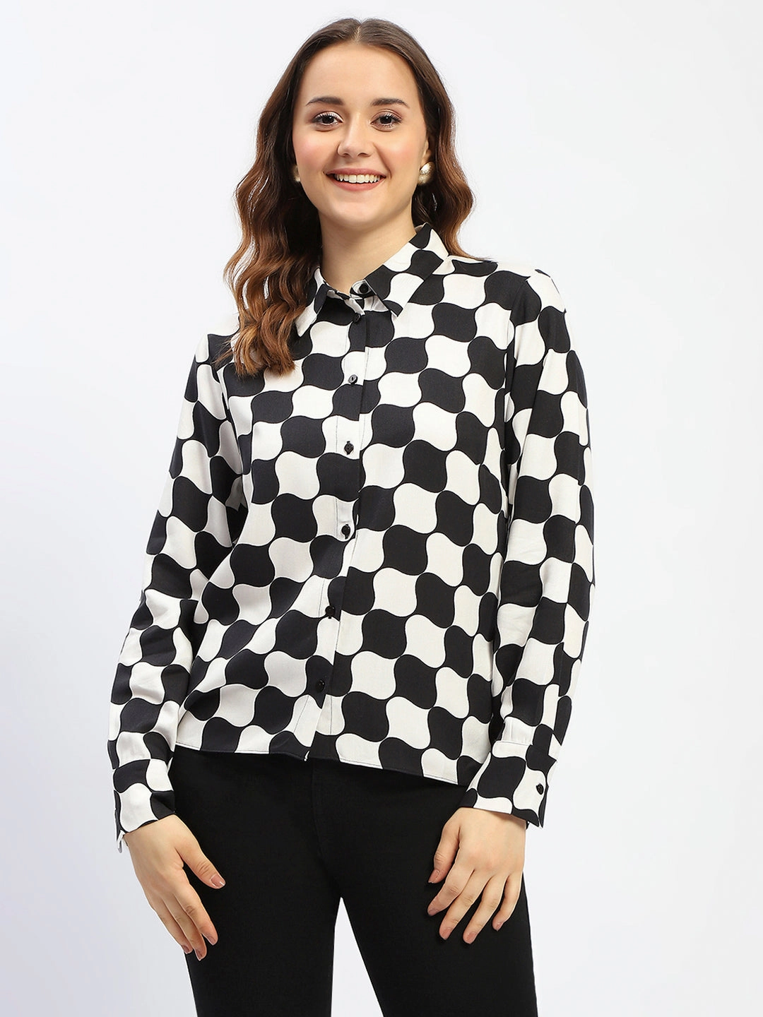 Madame Chessboard Print Black Viscose Shirt Abrasion resistant Wrinkle-Free