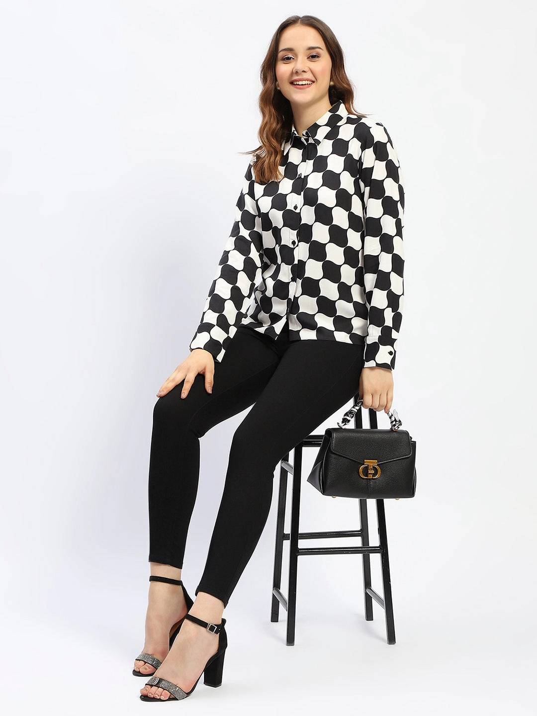 Madame Chessboard Print Black Viscose Shirt garden party Traveler??s Choice
