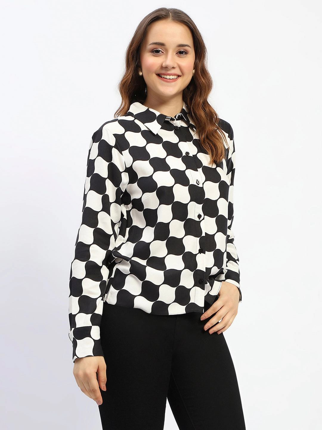 Madame Chessboard Print Black Viscose Shirt Wrinkle Resistant