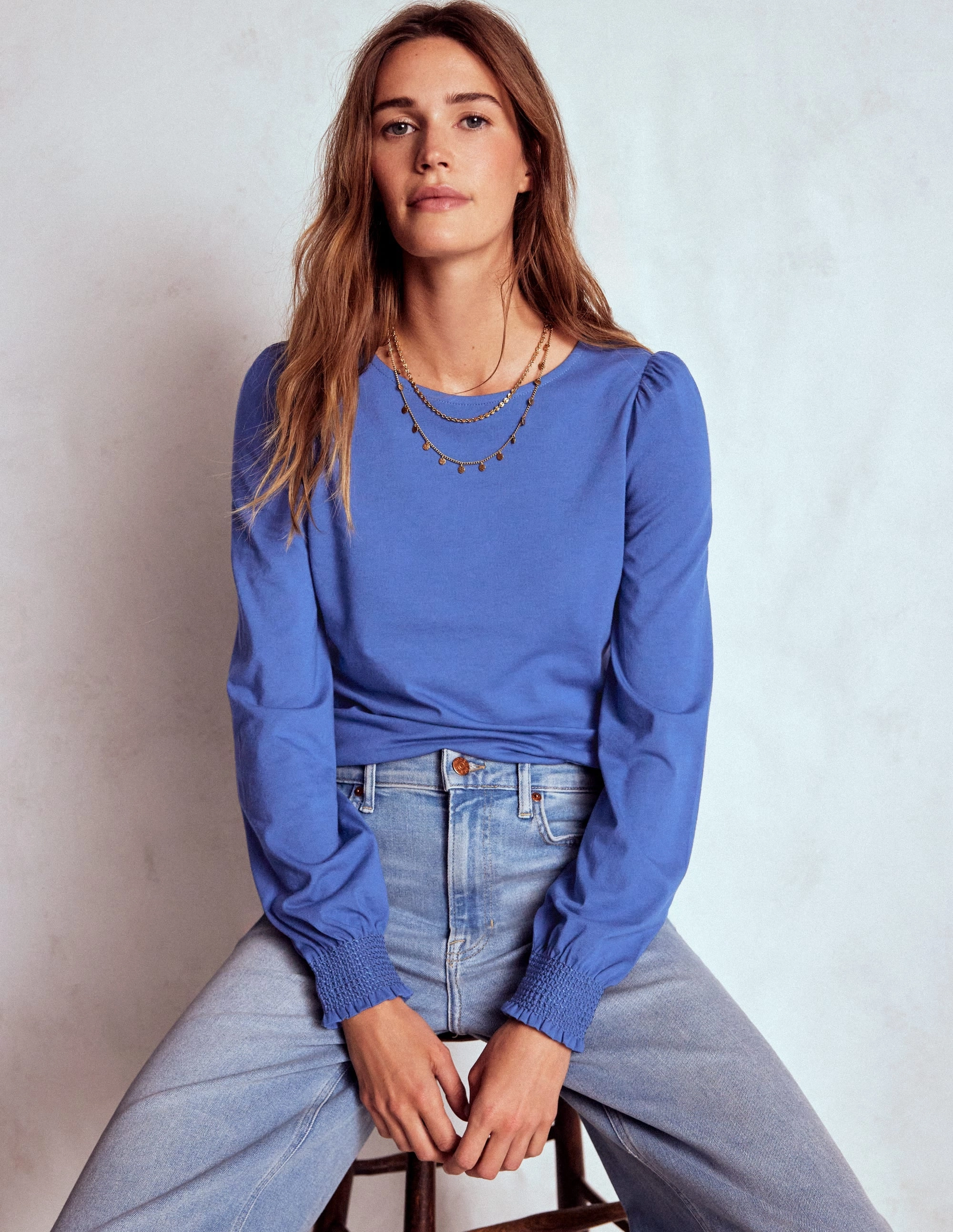 Relaxed Dress Quick-Dry Fabric Smocked Cuff Supersoft Top-Denim Blue