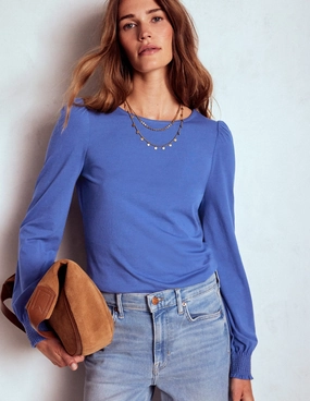 Reinforced Hemline Smocked Cuff Supersoft Top-Denim Blue