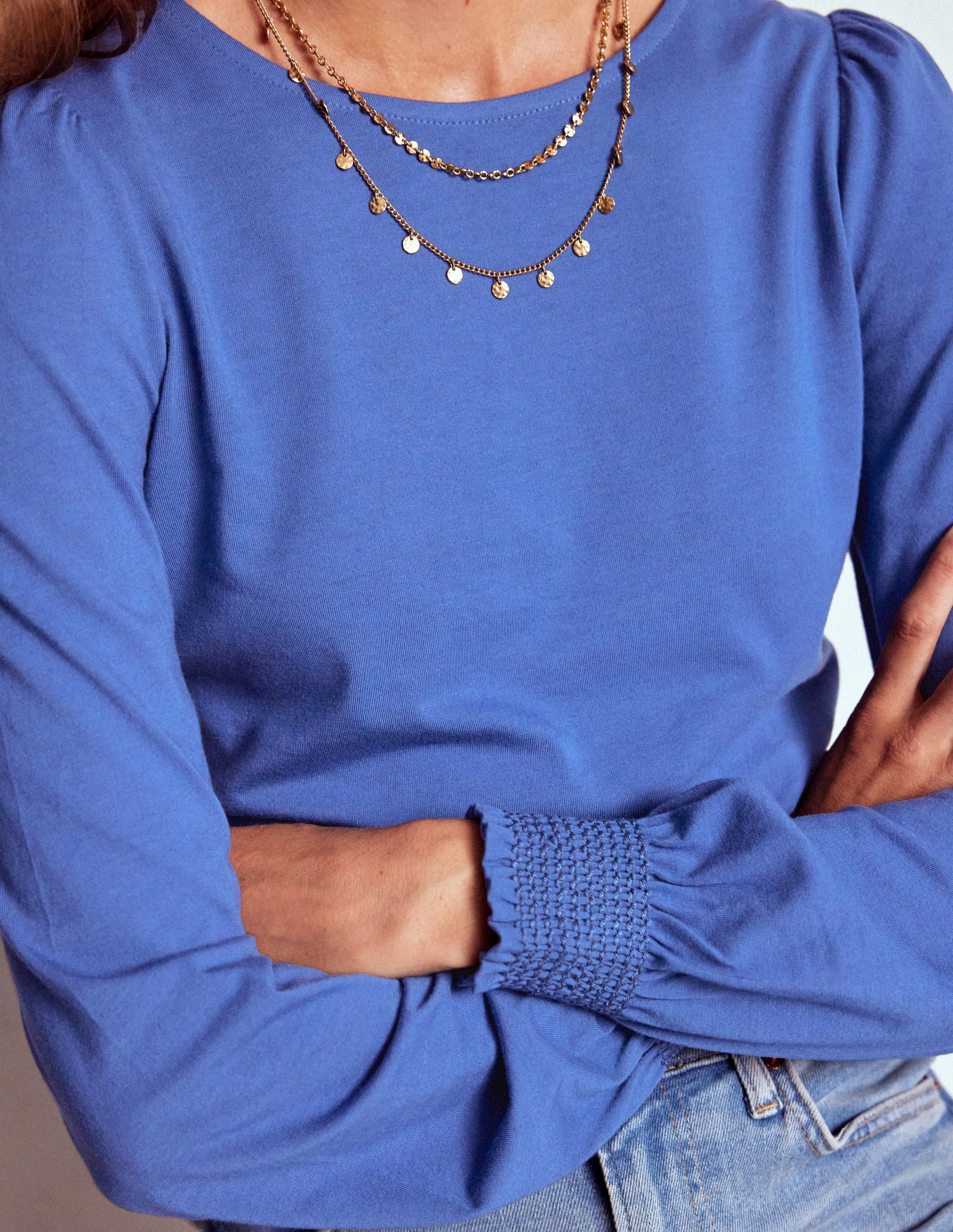 ReflectiveAccents Smocked Cuff Supersoft Top-Denim Blue