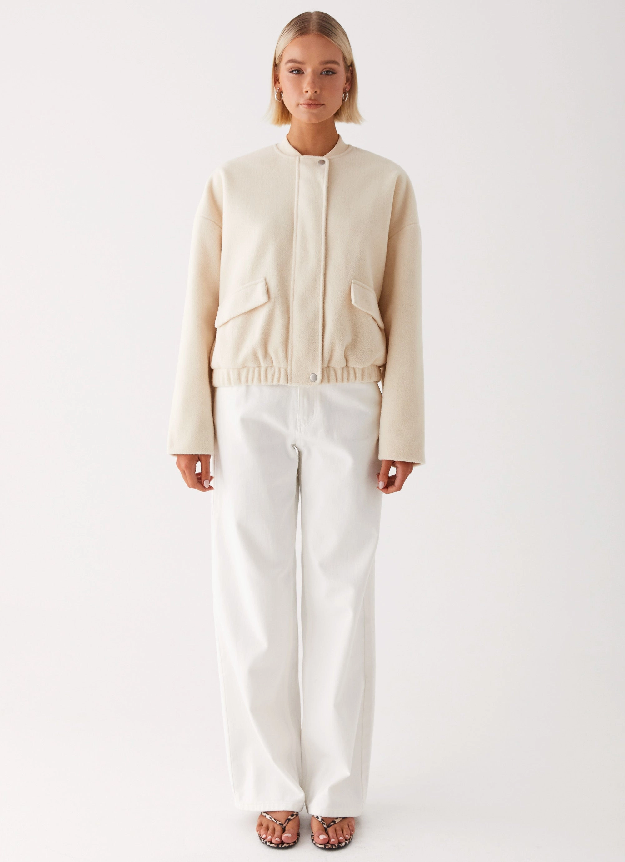 Subtle Color Tone Adjustable Cuff Cloudia Bomber Jacket - Ivory