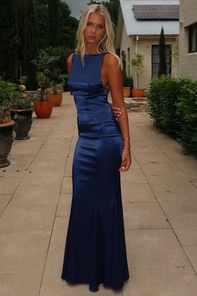Weekend Casual Margot High-Neck Satin Maxi Dress - Navy