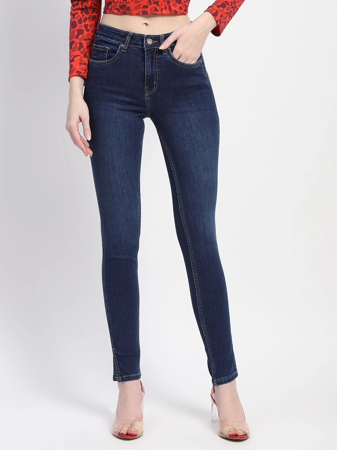 Multi Pocket Utility Comfort Fit Design Madame Stone Wash Skinny Fit Blue Denim