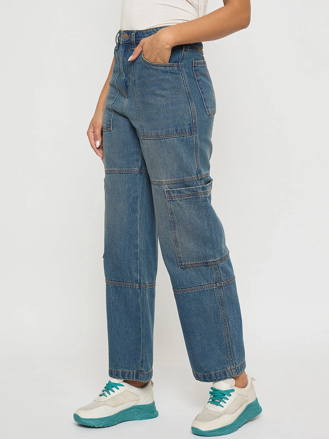 Madame Panel Detailed Tinted Green Wide Leg Denim Cargo Comfy Style MoistureWicking