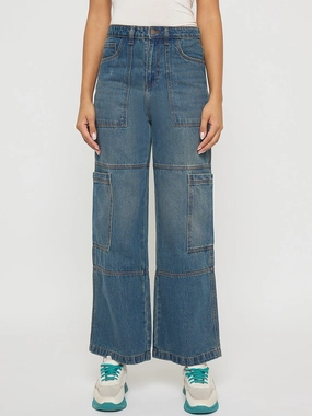 Madame Panel Detailed Tinted Green Wide Leg Denim Cargo RipstopFabric Go Anywhere