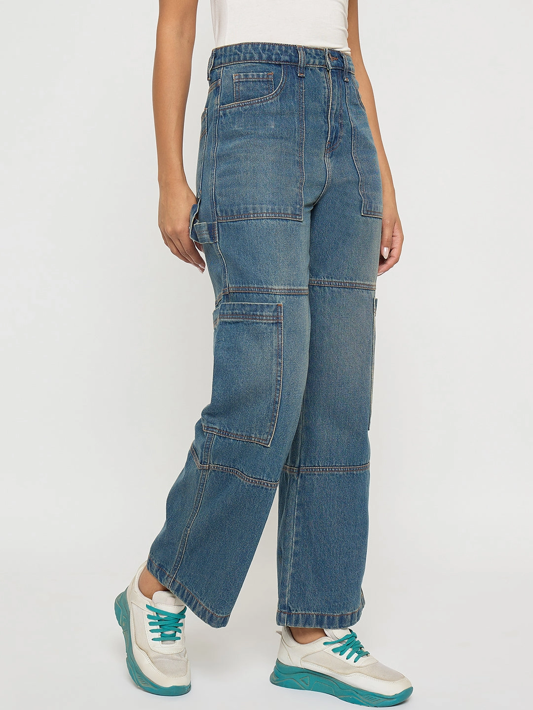 Madame Panel Detailed Tinted Green Wide Leg Denim Cargo Breathable Style