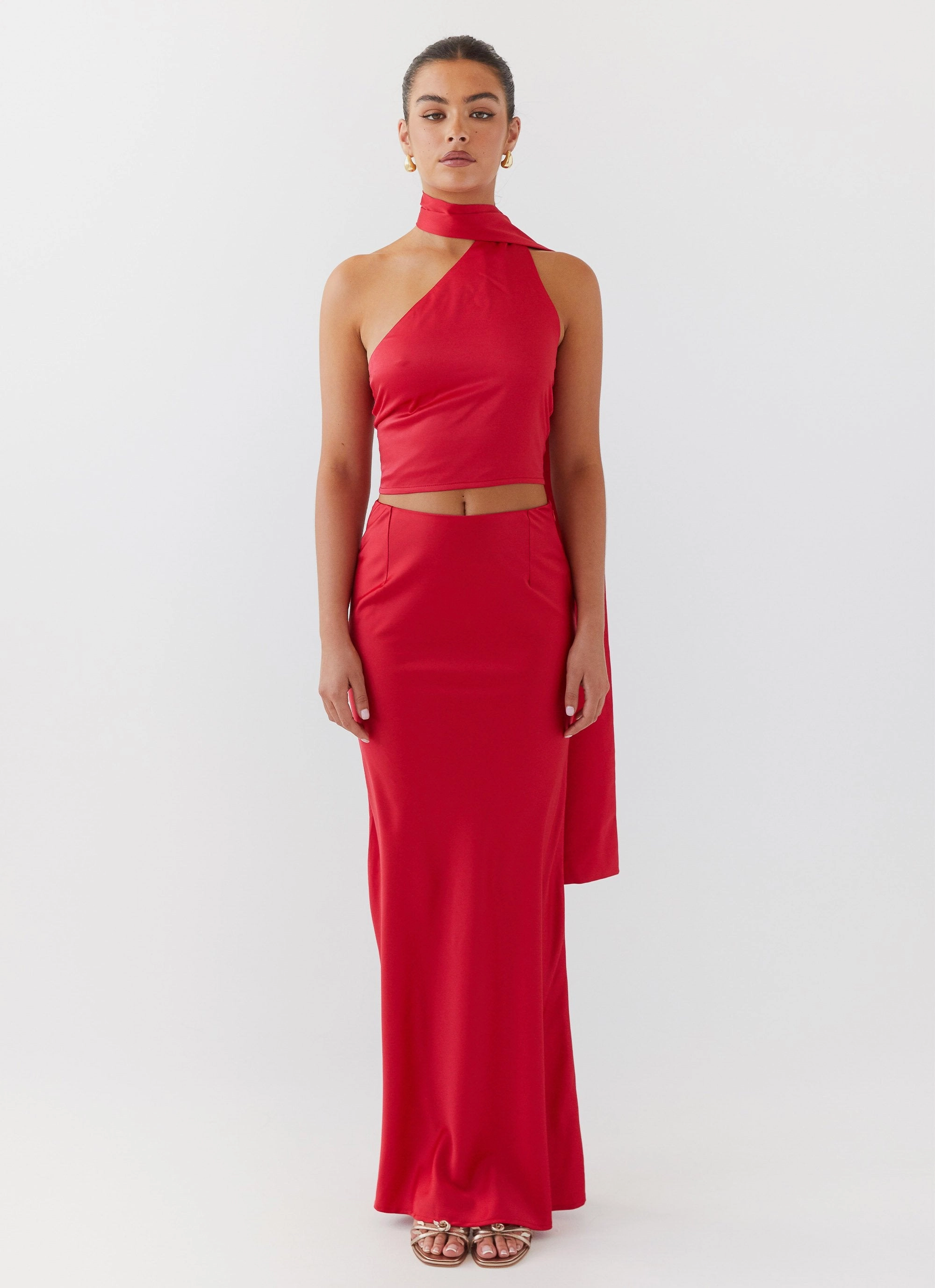 Josefina Satin Maxi Skirt - Rouge Red Non see through Mid Rise