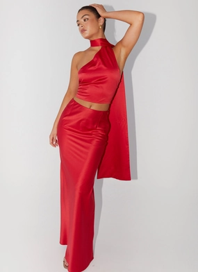 Josefina Satin Maxi Skirt - Rouge Red Fresh Fit