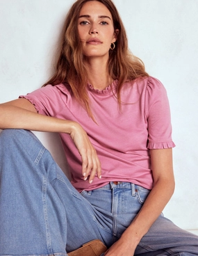 Contrast Stitch Detail LightReflective Supersoft Frill Detail T-shirt-Formica Pink