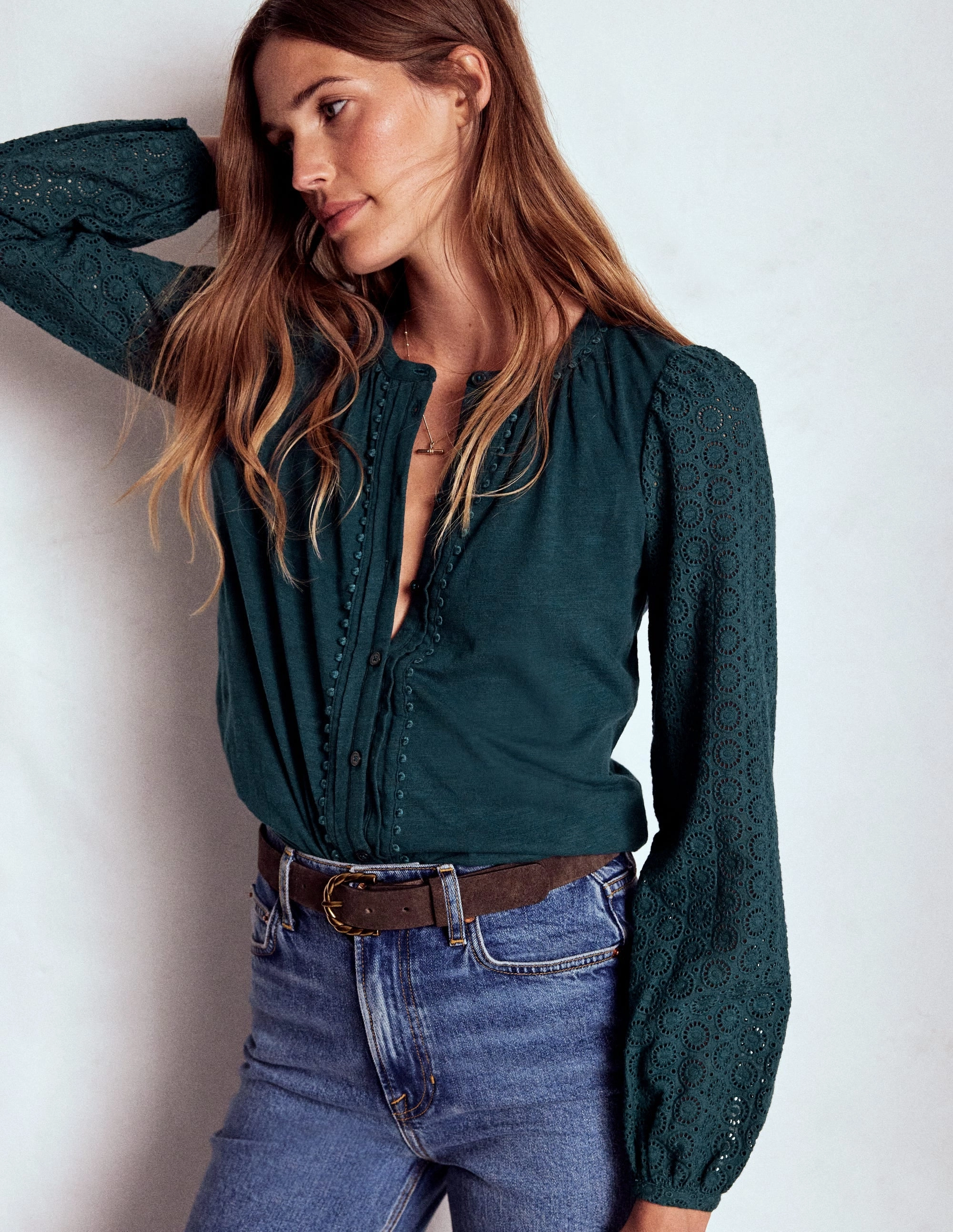 Eden Broderie Jersey Shirt-Midnight Teal FoamReinforcedCollar Active Tee