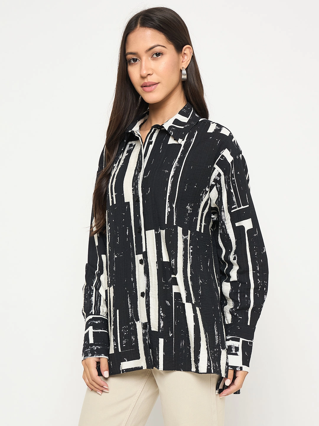 Madame All Over Print Black Cotton Blend Full Shirt Classic Fit Fashionable Layer