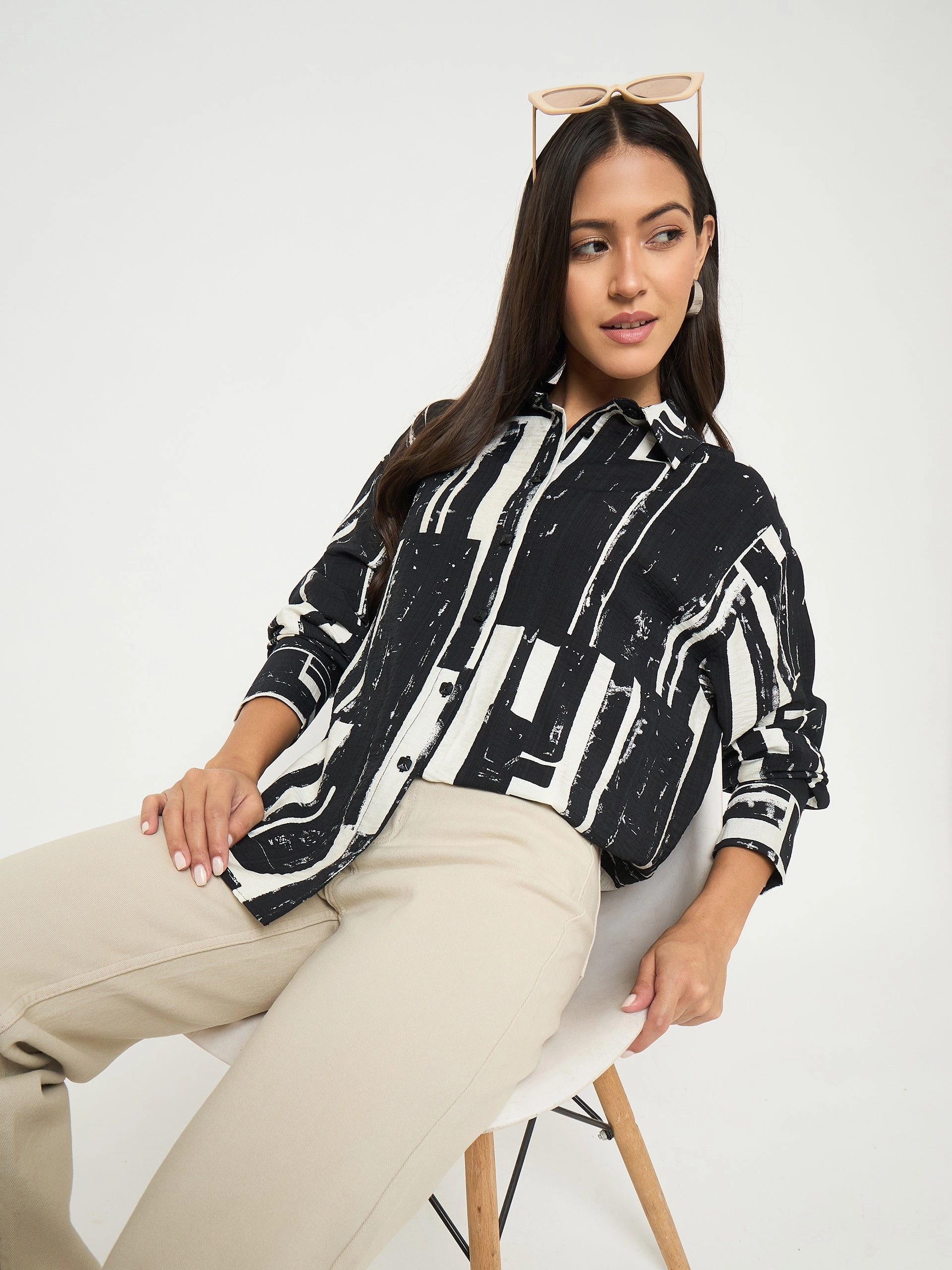 Earthy Hue Madame All Over Print Black Cotton Blend Full Shirt