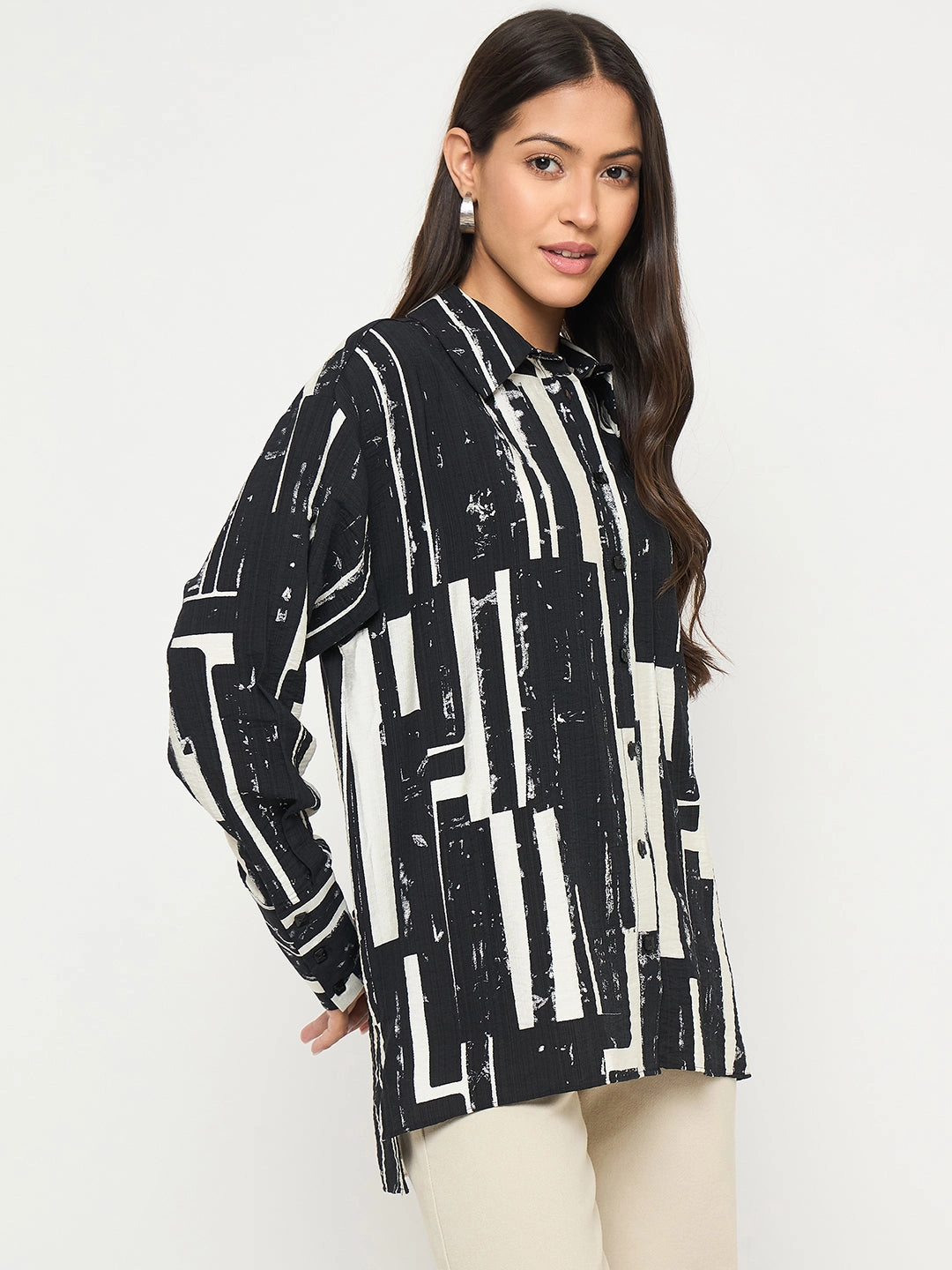 Madame All Over Print Black Cotton Blend Full Shirt Layered Sleeve Cuffs