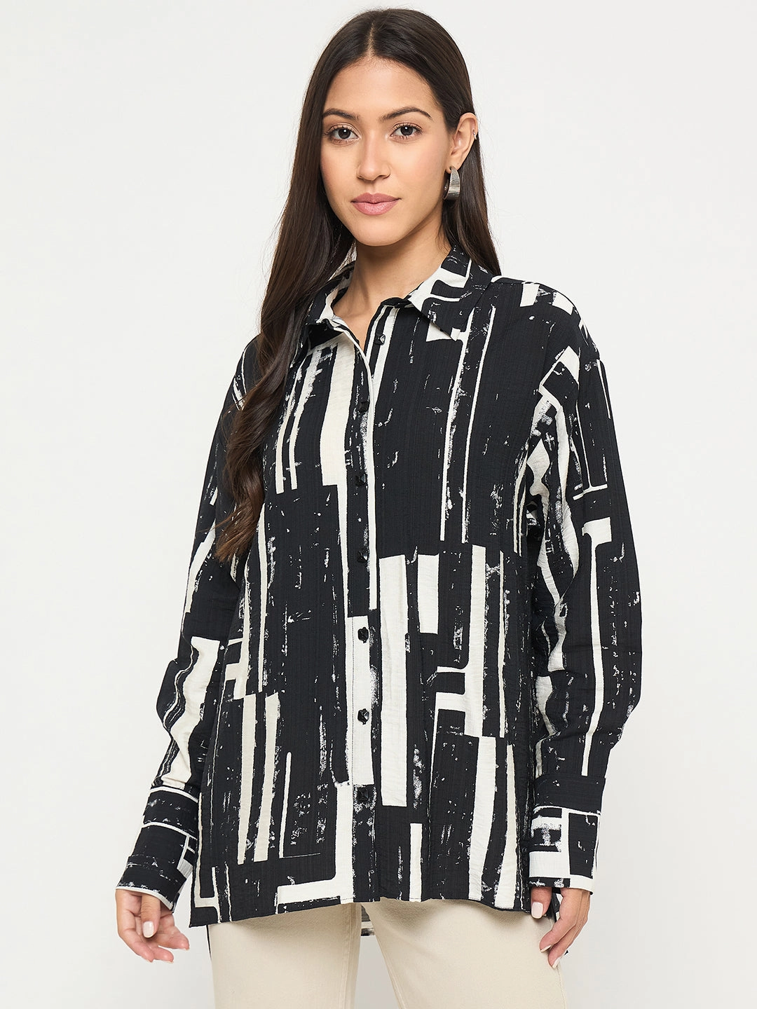 Vintage Wash Madame All Over Print Black Cotton Blend Full Shirt