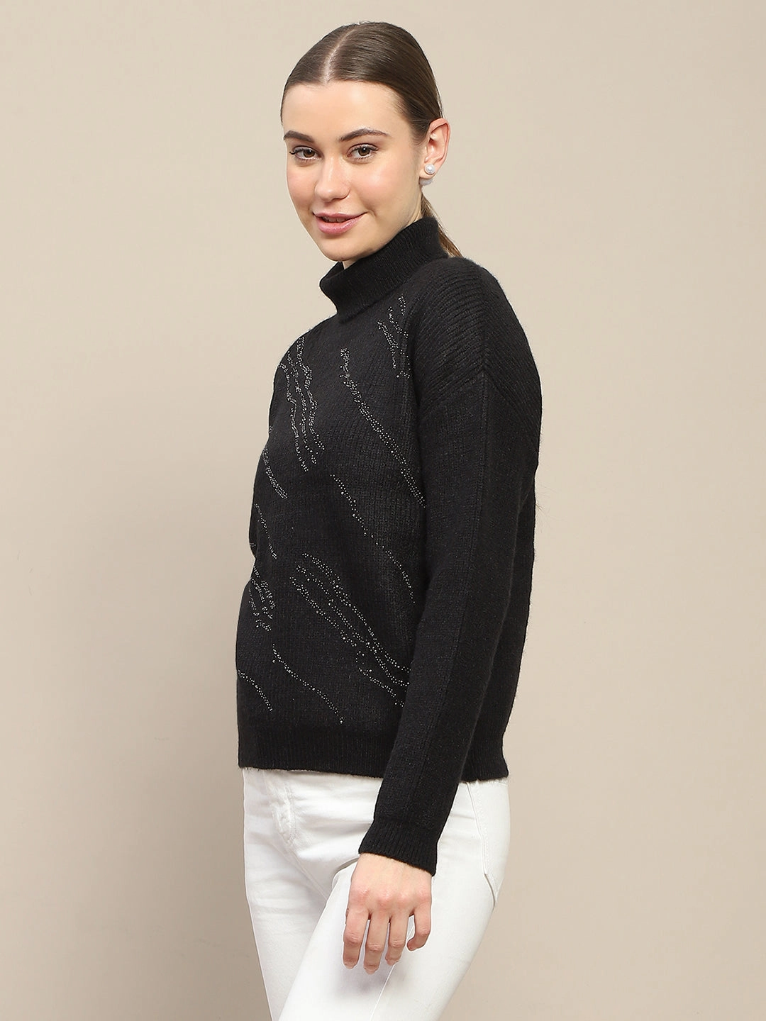 Oversized Fit Madame Self Design Black Turtleneck Sweater
