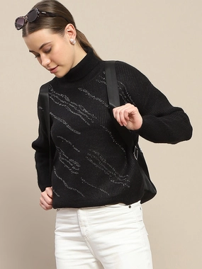 Madame Self Design Black Turtleneck Sweater Comfort Stretch