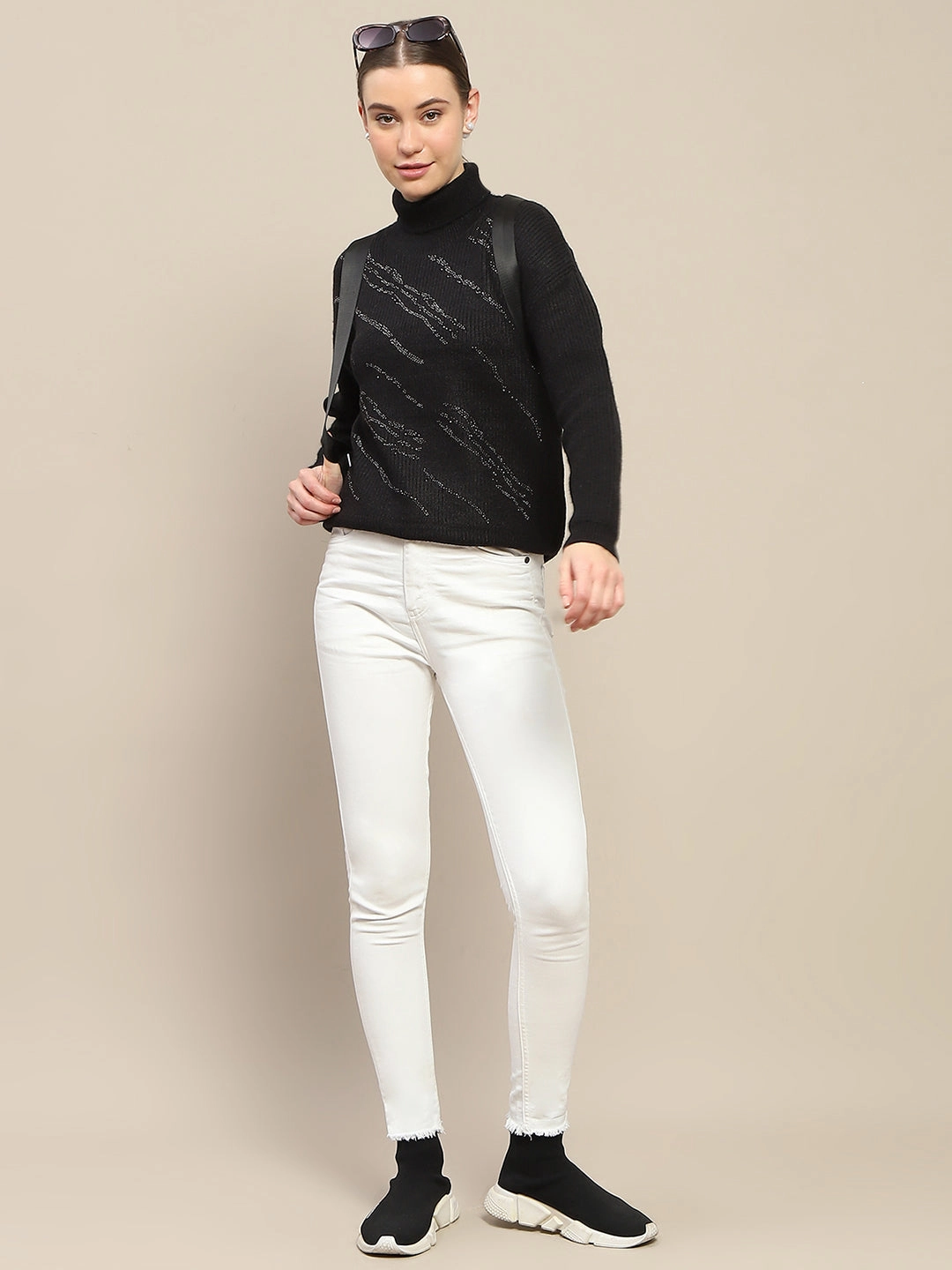 Madame Self Design Black Turtleneck Sweater Chilly Layer Look Flexible Neck Opening