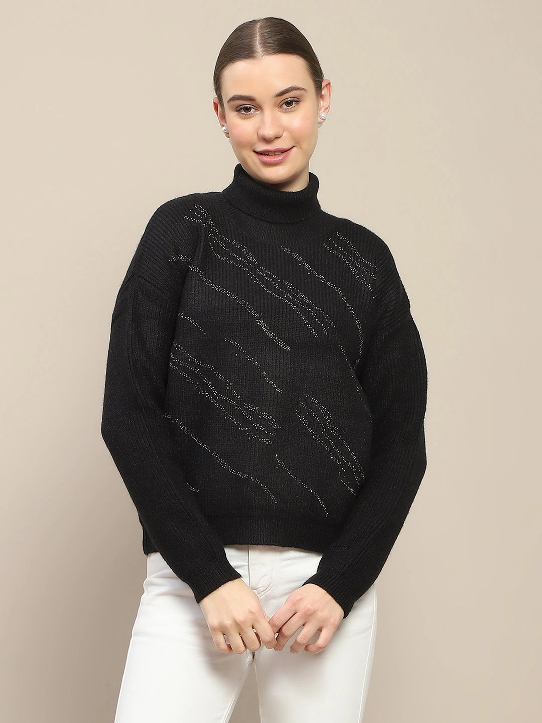 Classic Layer Madame Self Design Black Turtleneck Sweater