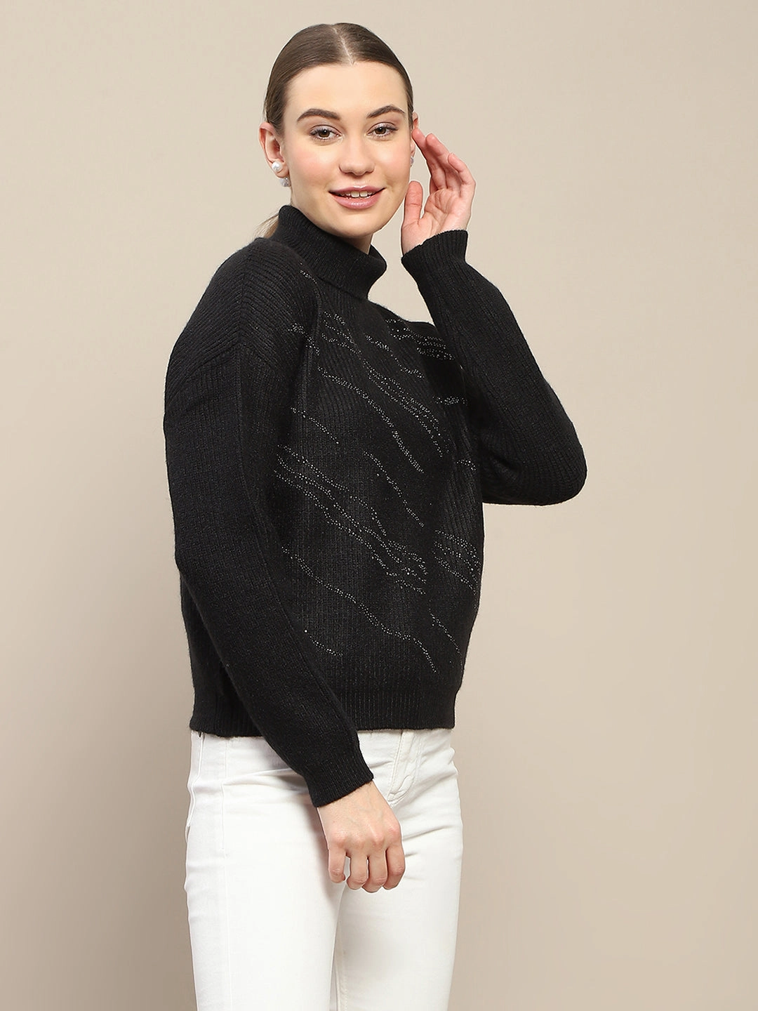 Madame Self Design Black Turtleneck Sweater Soft Fabric Look
