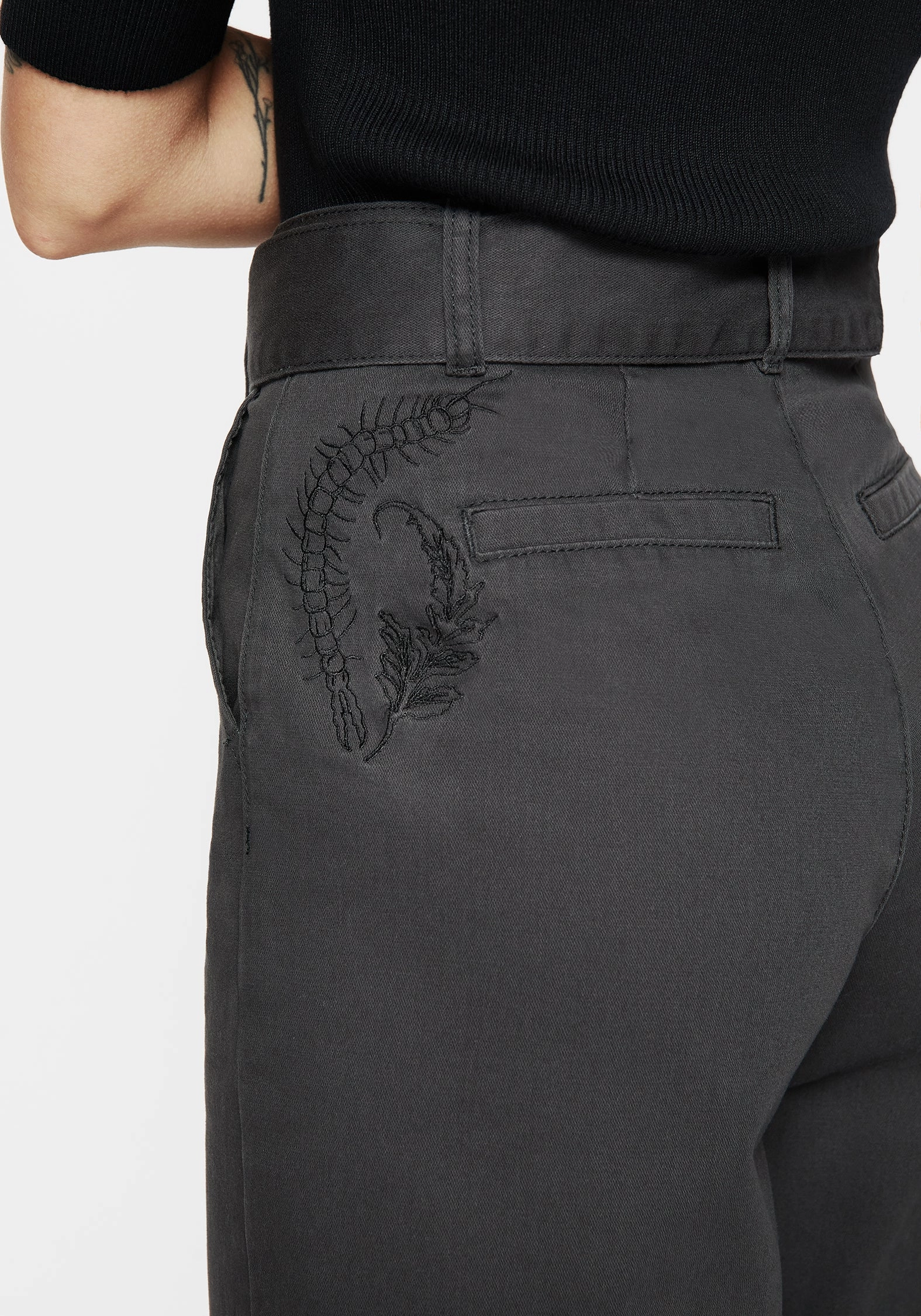 Flexible Waistband Pinhead Embroidered Belted Balloon Leg Trousers