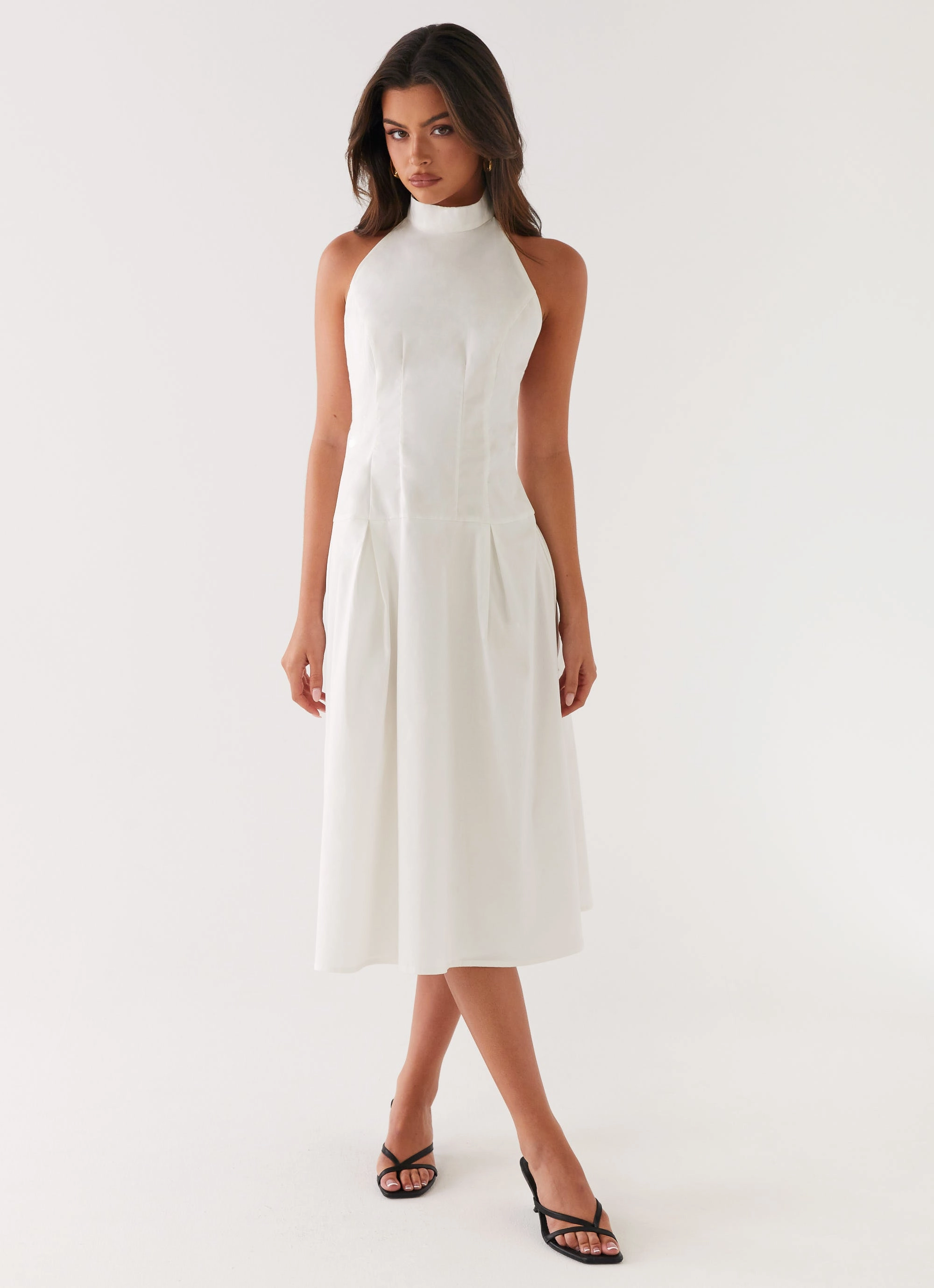Calla Halter Midi Dress - White Cool Comfort Subtle Detail