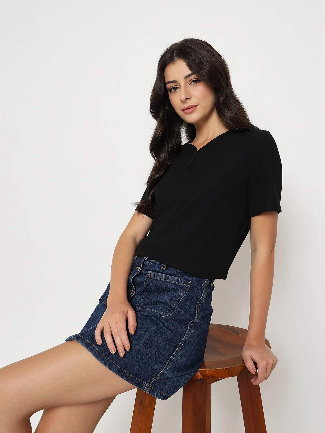 Summer cool Stylish Design Madame Henley Neck Solid Black T-Shirt