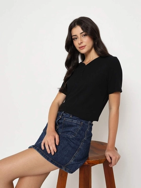 Summer cool Stylish Design Madame Henley Neck Solid Black T-Shirt