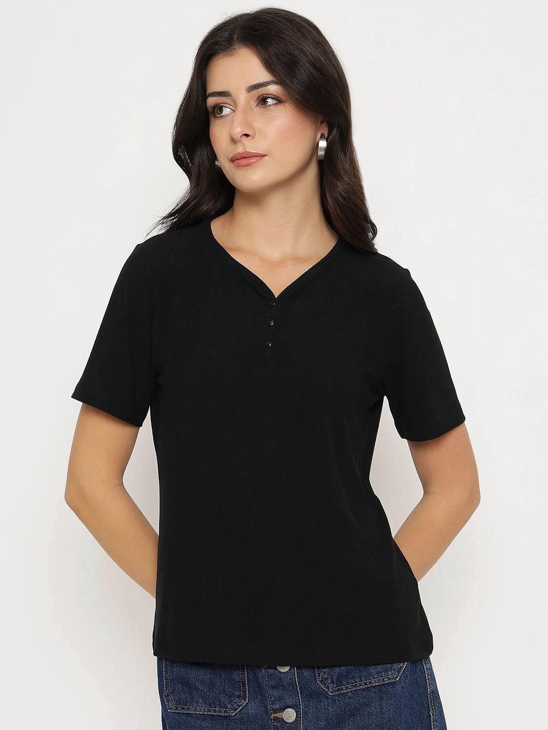 Madame Henley Neck Solid Black T-Shirt Distressed Hem Finish Comfy Movement