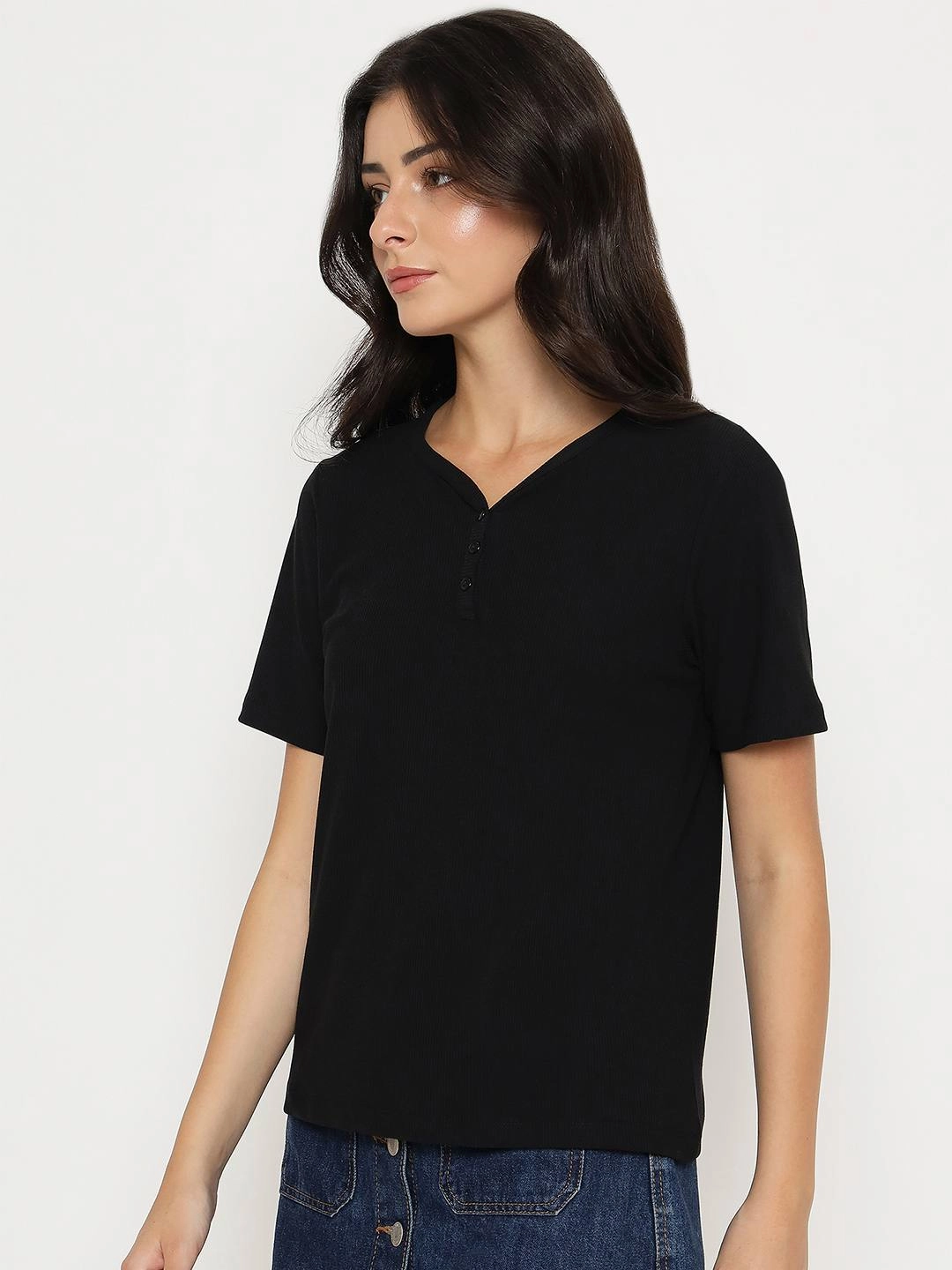 Madame Henley Neck Solid Black T-Shirt Effortless Wear Fit Versatile Outfit