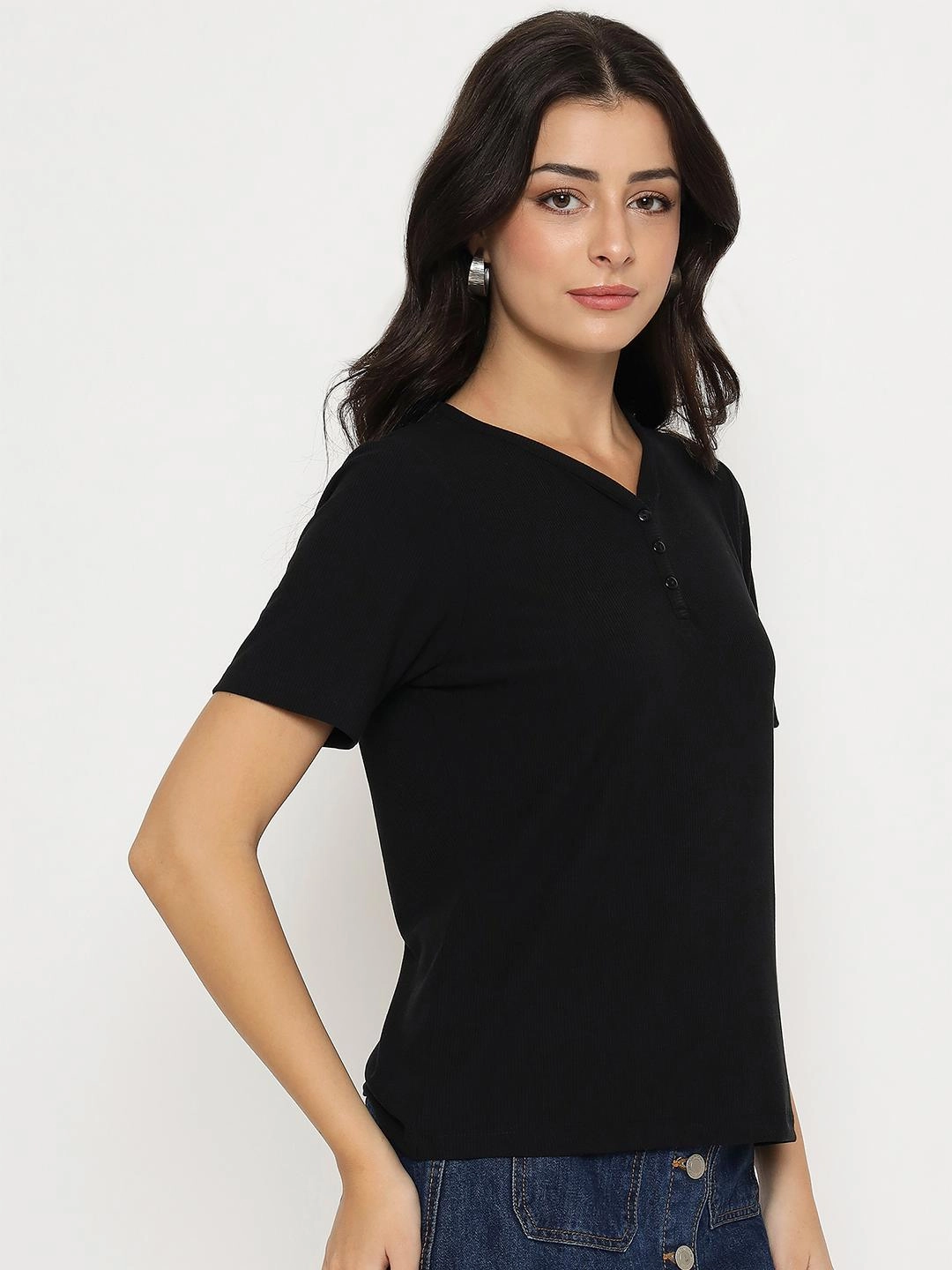 Madame Henley Neck Solid Black T-Shirt Heather Jersey Material Trendy Wearable