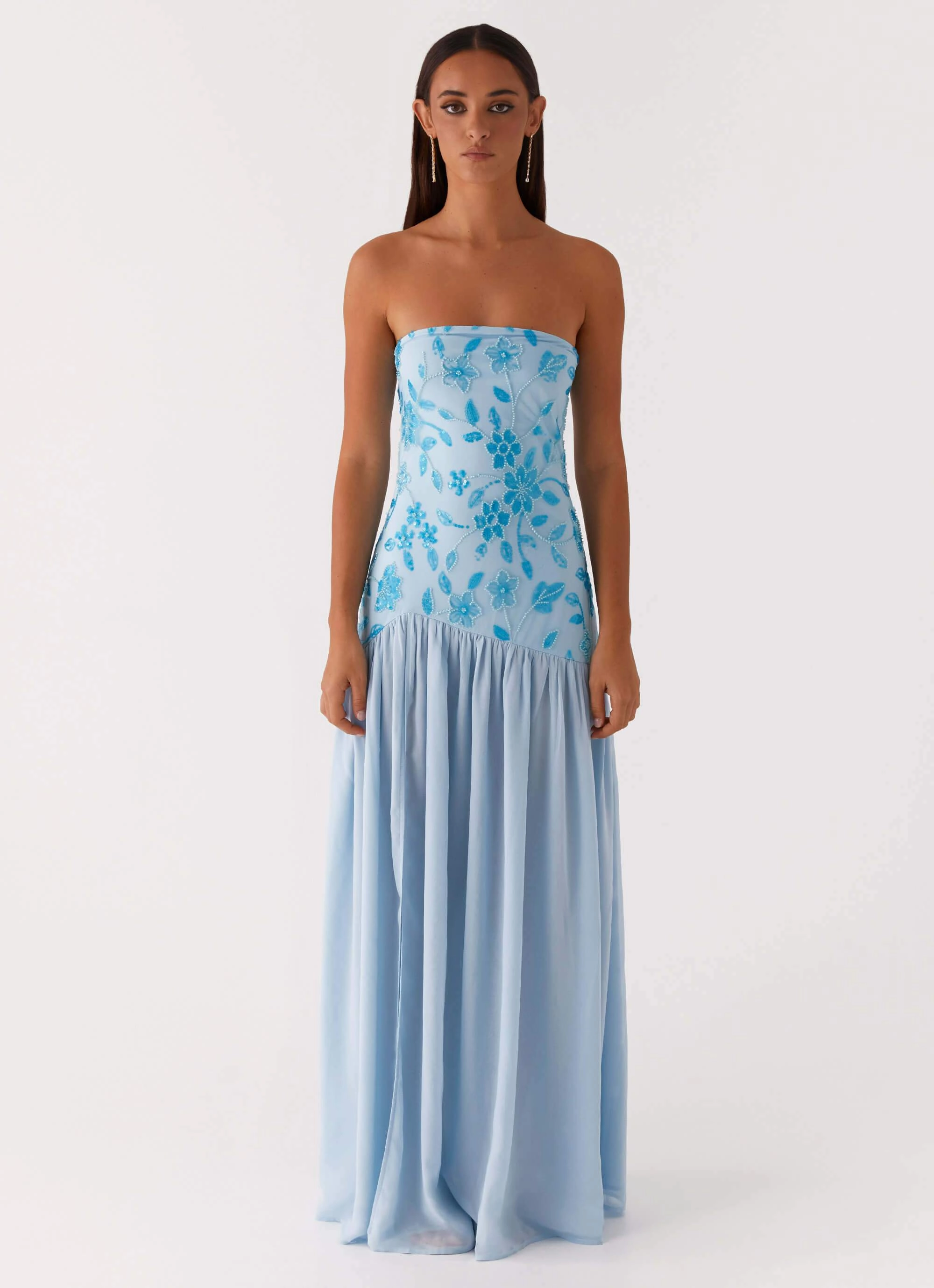 Sleek Tone Eden Strapless Beaded Maxi Dress - Blue